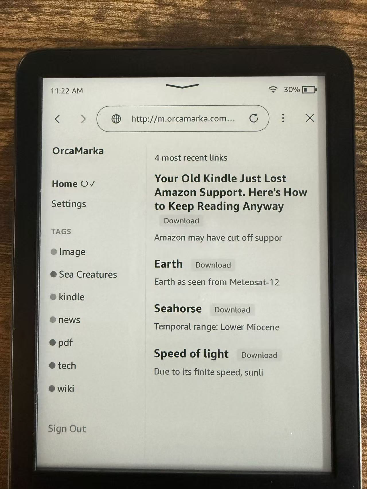 OrcaMarka interface on Kindle
